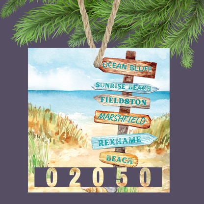 Beach Sign Zipcode Watercolor Ornament 02050