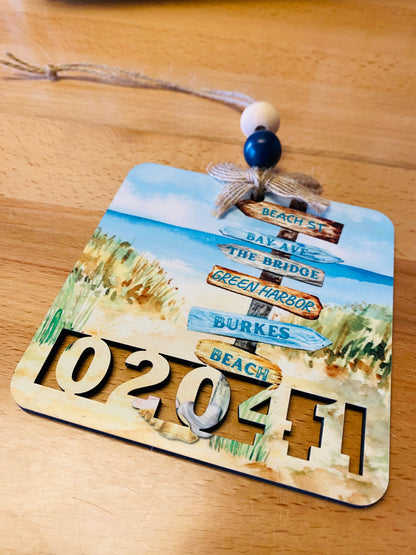 Beach Sign Zipcode Watercolor Ornament 02041