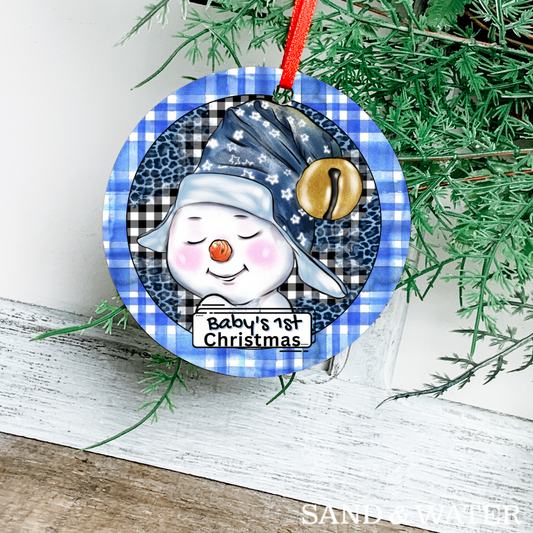 Snowman First Christmas Custom Blue Ornament