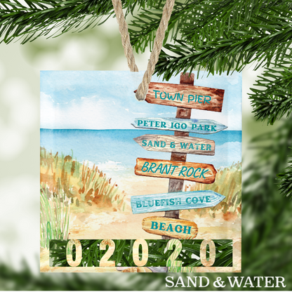 Beach Sign Zipcode Watercolor Ornament 02020